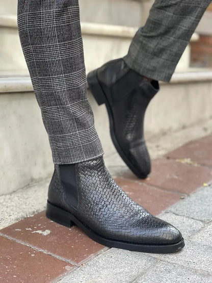 Remy Black Woven Leather Chelsea Boots - Elevate Your Style - BRABION
