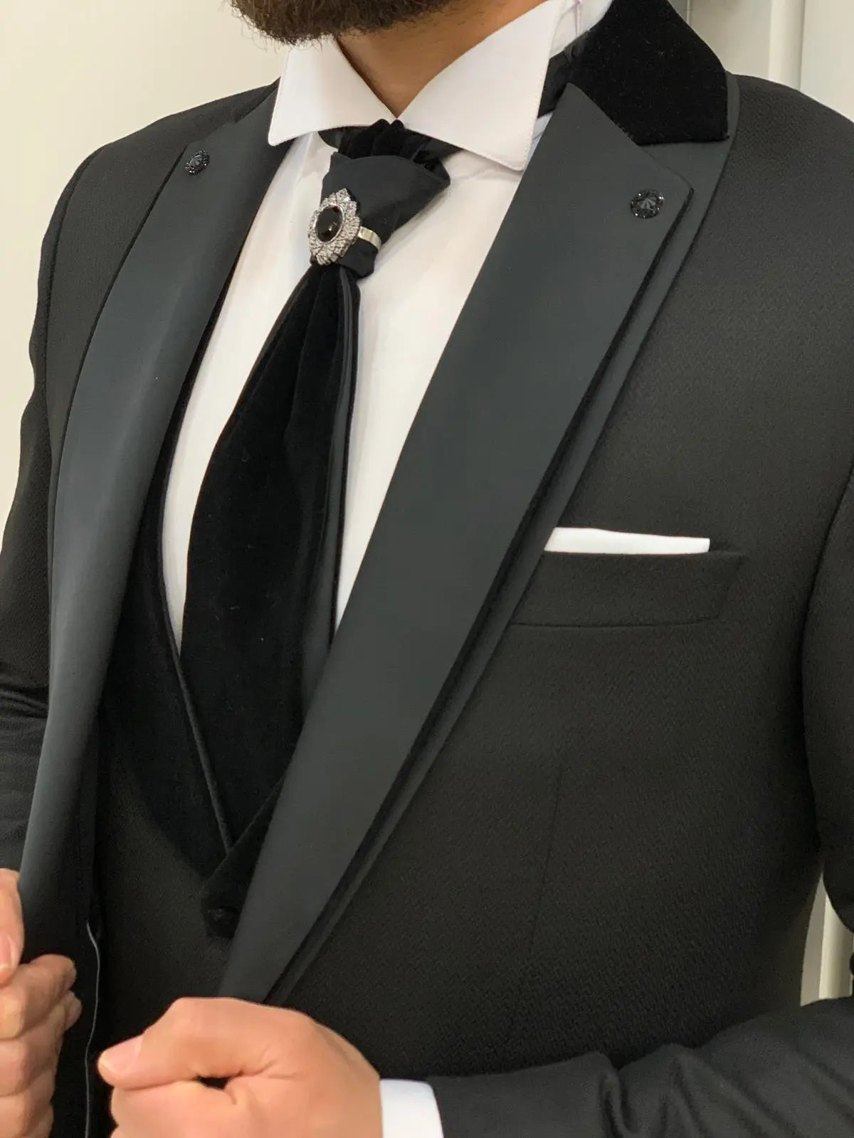 Forte Black Slim Fit Notch Lapel Wedding Suit - BRABION