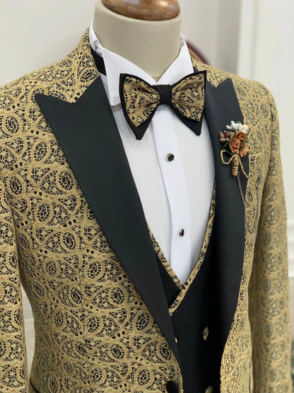 Caesar Golden Slim Fit Peak Lapel Floral Patterned Tuxedo - BRABION