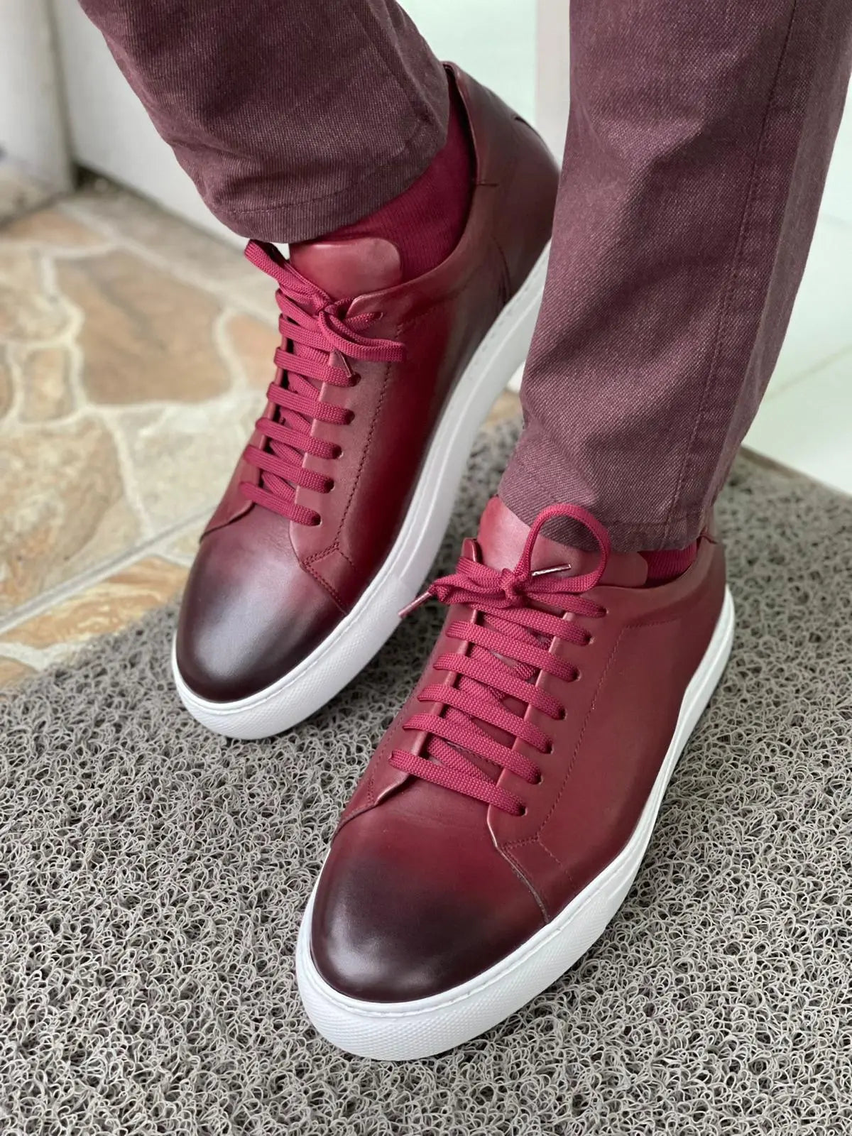 Martin Burgundy Lace-Up Mid-Top Sneakers - BRABION