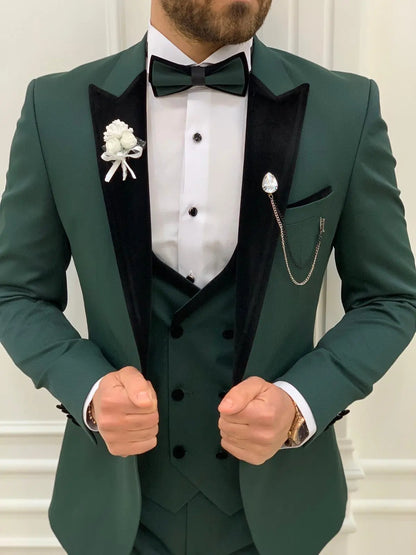 Royal Green Slim Fit Velvet Peak Lapel Tuxedo - BRABION
