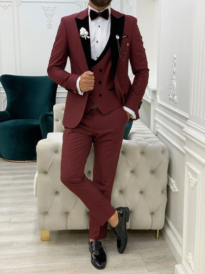 Acacia Burgundy Slim Fit Velvet Peak Lapel Tuxedo - BRABION