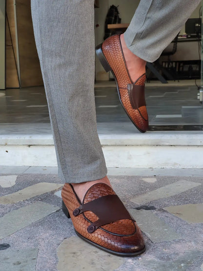 Bristol Tan Woven Leather Double Monk Strap Loafers - BRABION