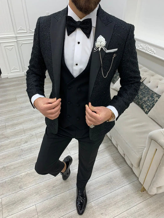 Caesar Black Slim Fit Peak Lapel Floral Patterned Tuxedo - BRABION