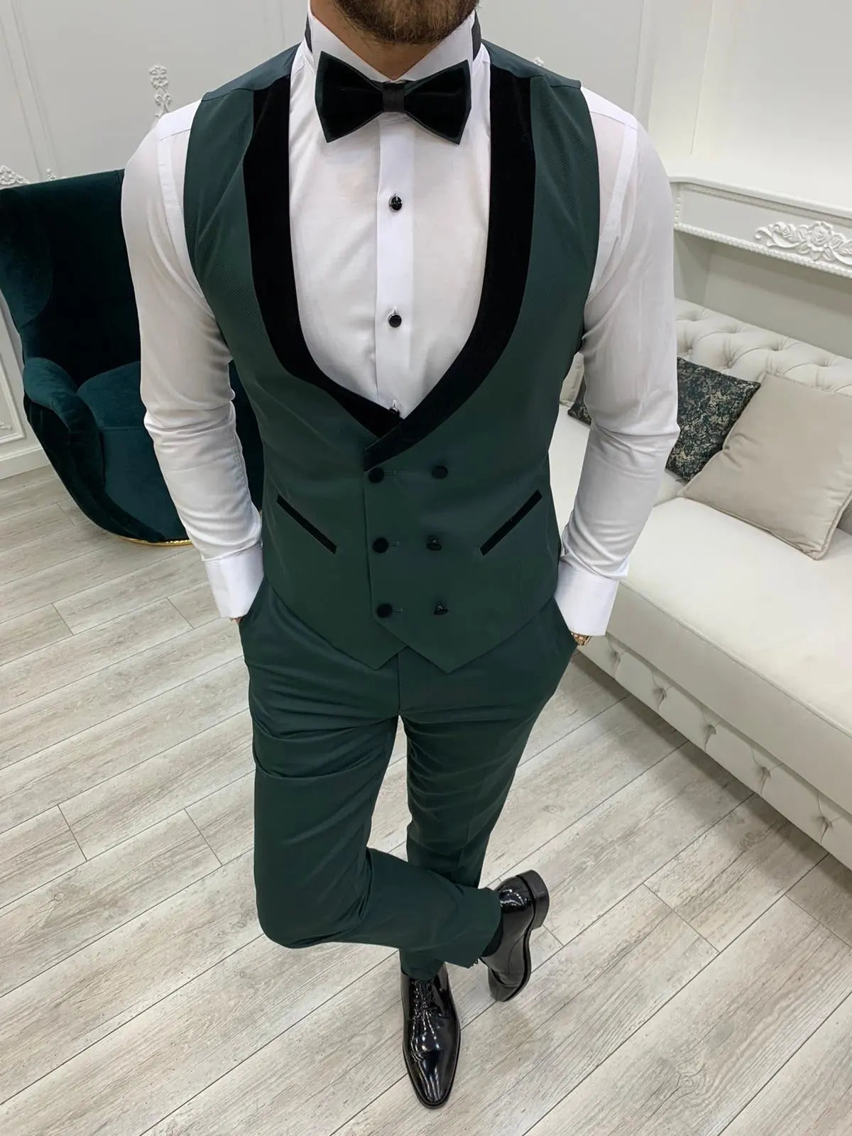 Bergamo Green Slim Fit Velvet Peak Lapel Tuxedo - BRABION