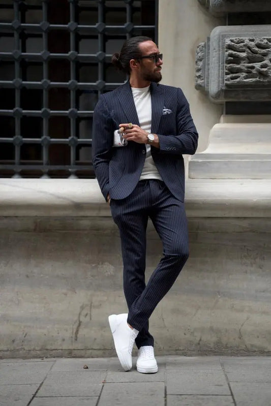 Sorento Dark Blue Slim Fit Double Breasted Pinstripe Suit brabion