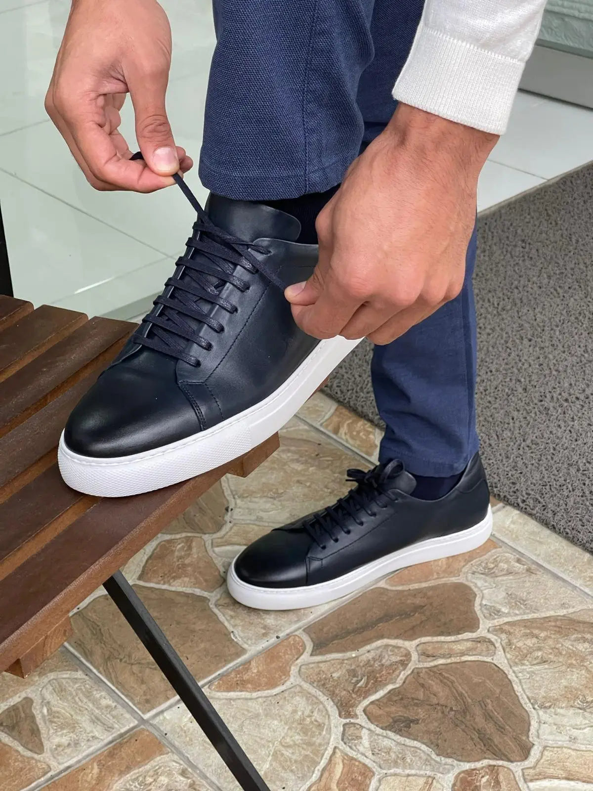 Martin Navy Blue Lace-Up Mid-Top Sneakers: The Perfect Blend of Style and Comfort - BRABION