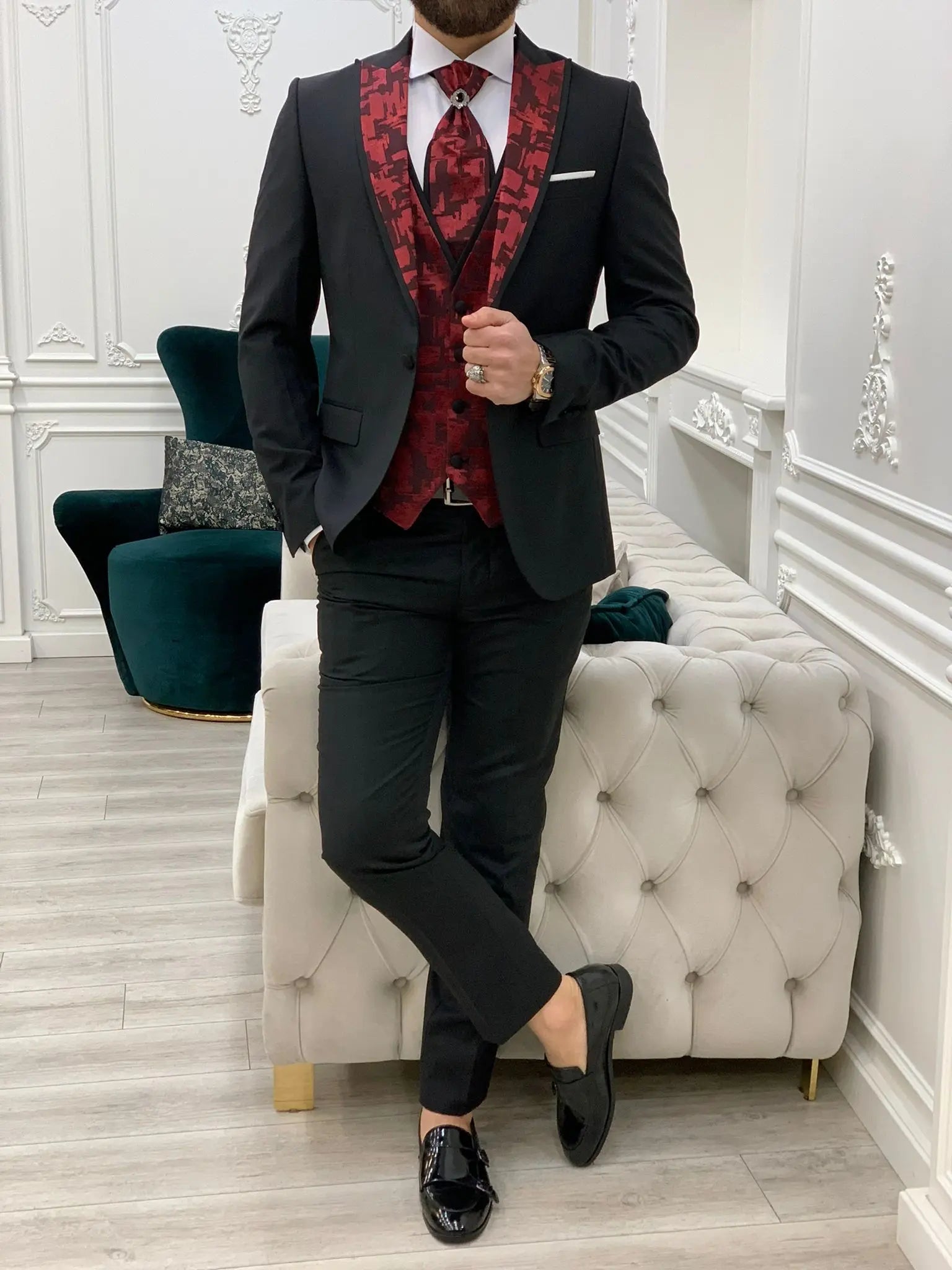 Paris Burgundy Black Slim Fit Peak Lapel Wedding Suit - BRABION