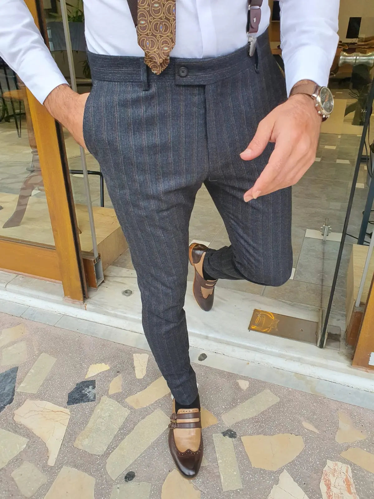 Lazio Dark Blue Slim Fit Striped Pants - BRABION