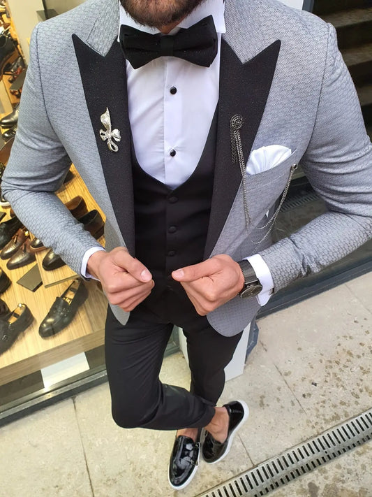 VillaNova Gray Slim Fit Patterned Tuxedo - BRABION