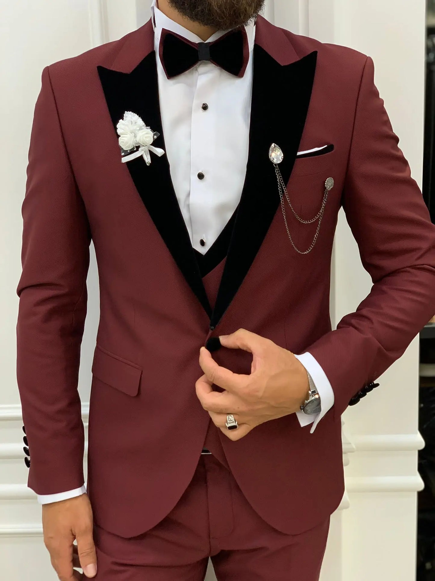 Acacia Burgundy Slim Fit Velvet Peak Lapel Tuxedo - BRABION