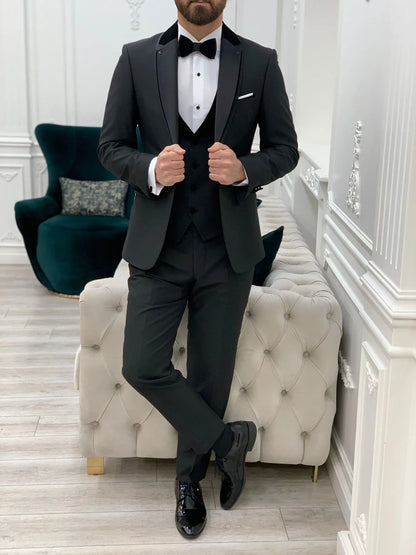 Glendale Black Slim Fit Velvet Satin Shawl Lapel Tuxedo - BRABION