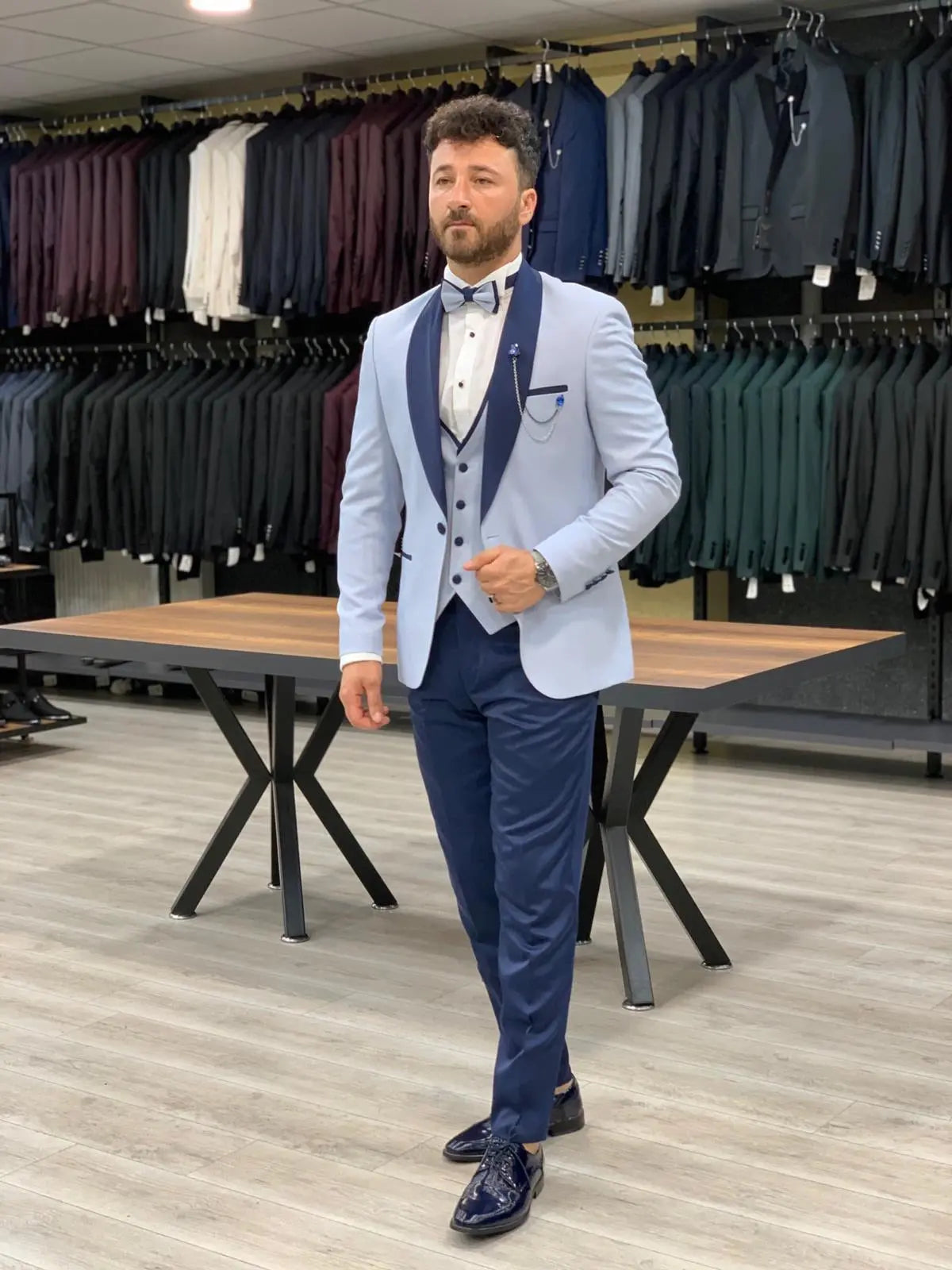 Wilson Sky Blue Slim Fit Shawl Lapel Tuxedo - BRABION
