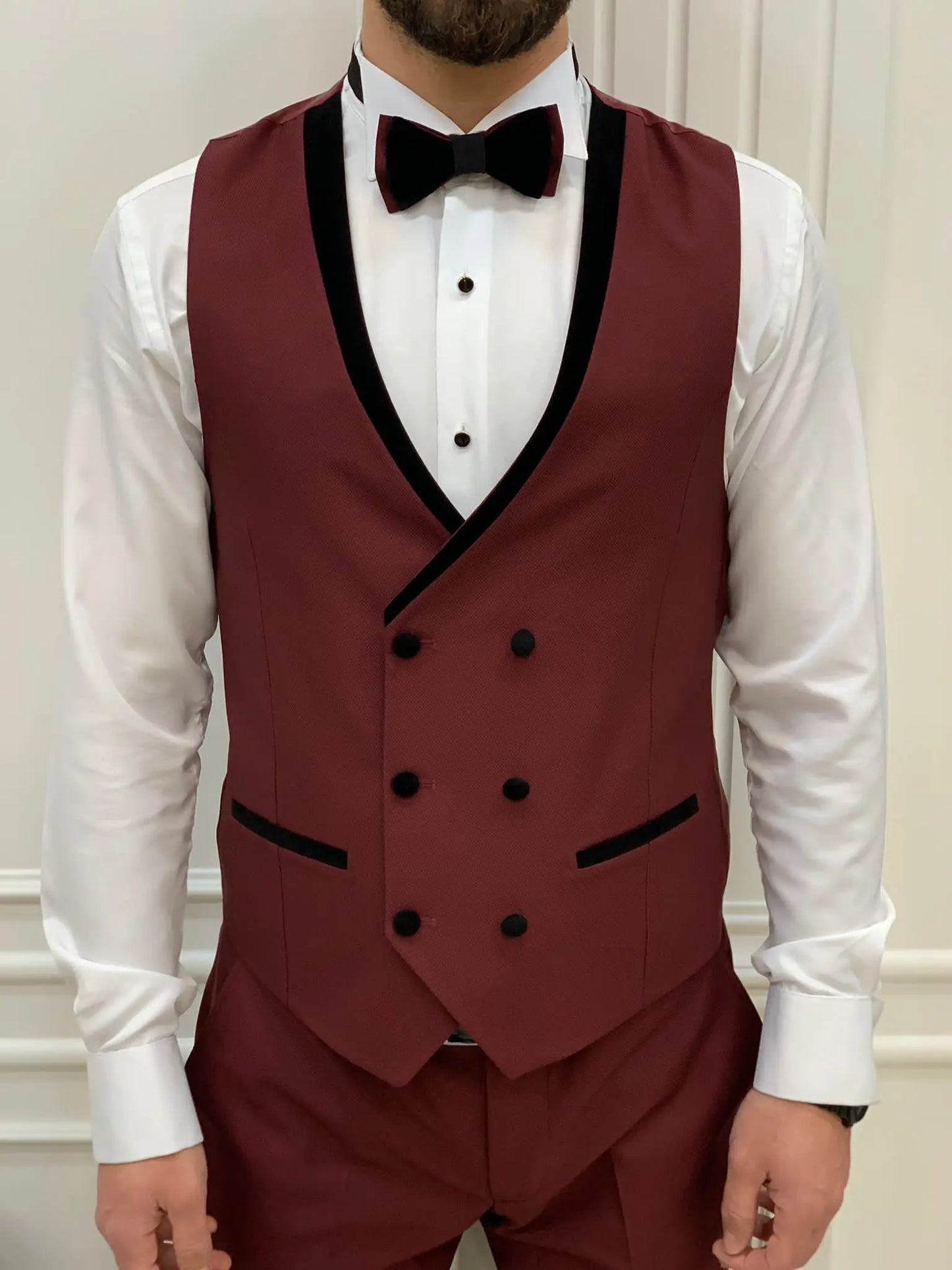 Eden Burgundy Slim Fit Velvet Peak Lapel Tuxedo - BRABION