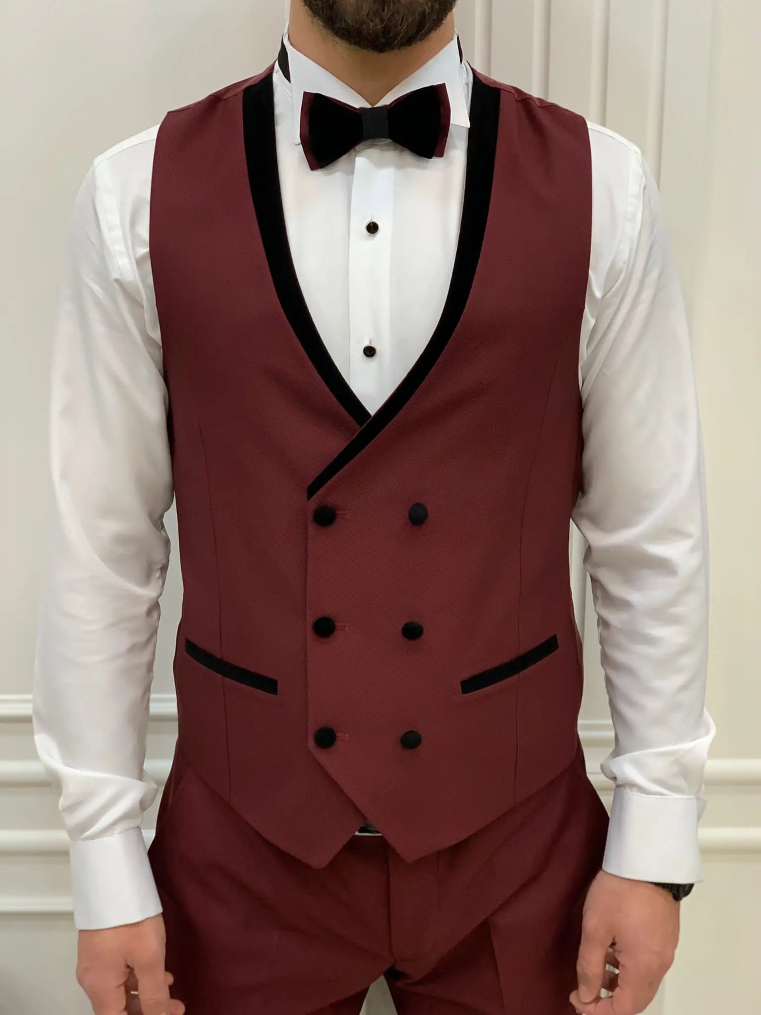 Eden Burgundy Slim Fit Velvet Peak Lapel Tuxedo - BRABION