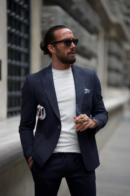 Sorento Dark Blue Slim Fit Double Breasted Pinstripe Suit brabion
