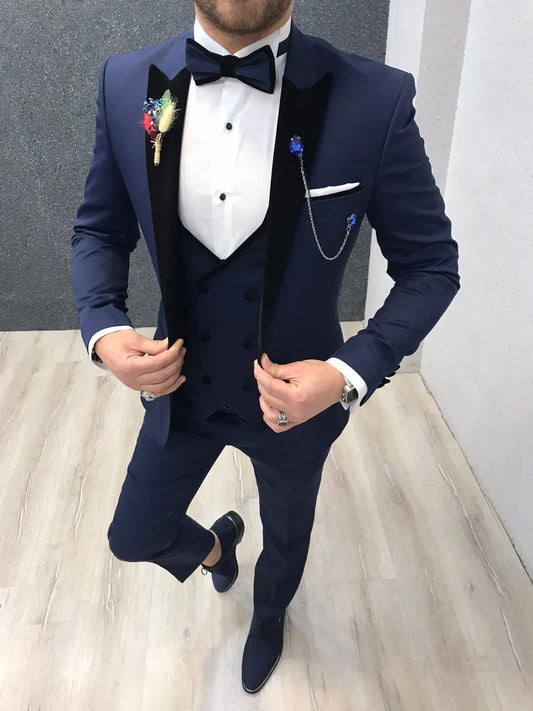 Ventura Blue Slim Fit Velvet Peak Lapel Tuxedo - BRABION