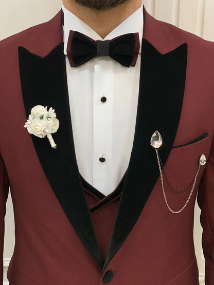 Eden Burgundy Slim Fit Velvet Peak Lapel Tuxedo - BRABION