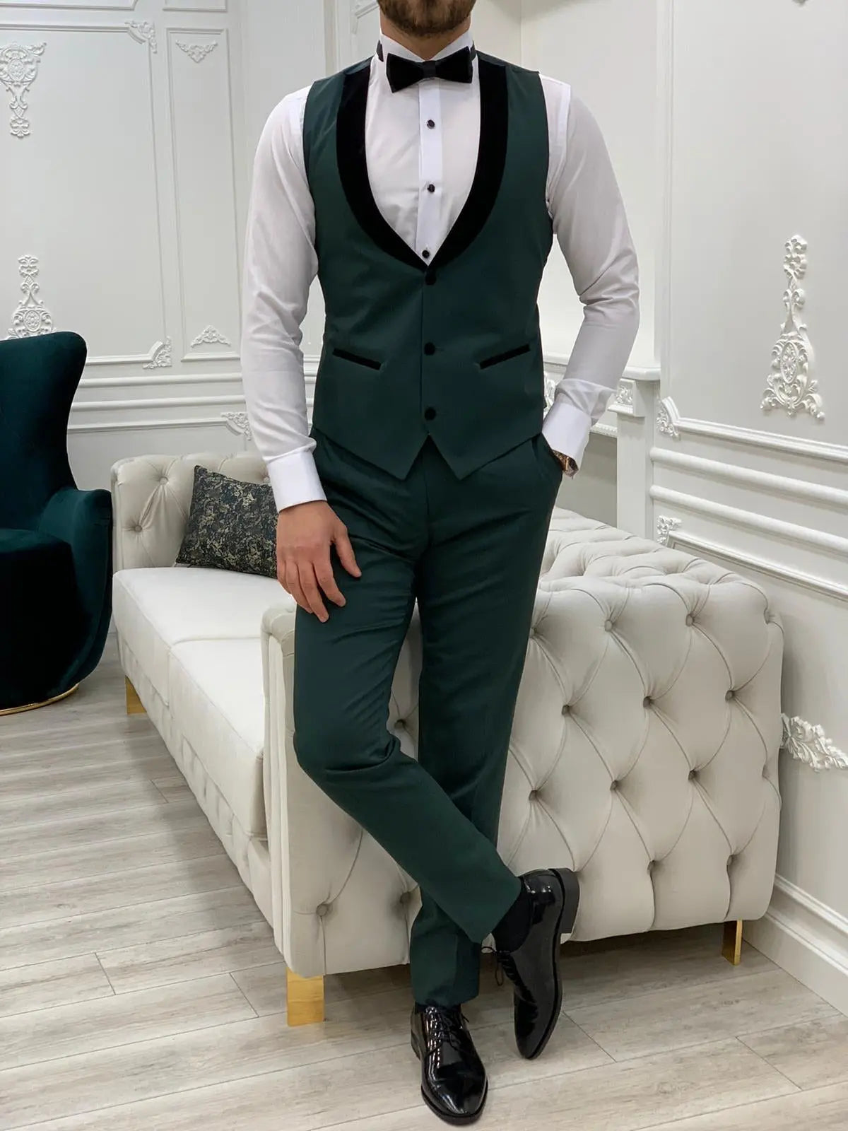 Infinite Green Slim Fit Velvet Peak Lapel Tuxedo - BRABION