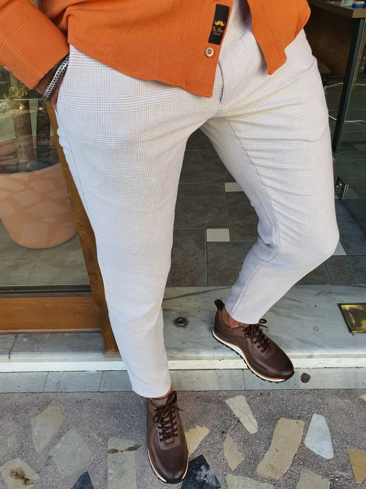Bristol Beige Slim Fit Plaid Cotton Pants - BRABION