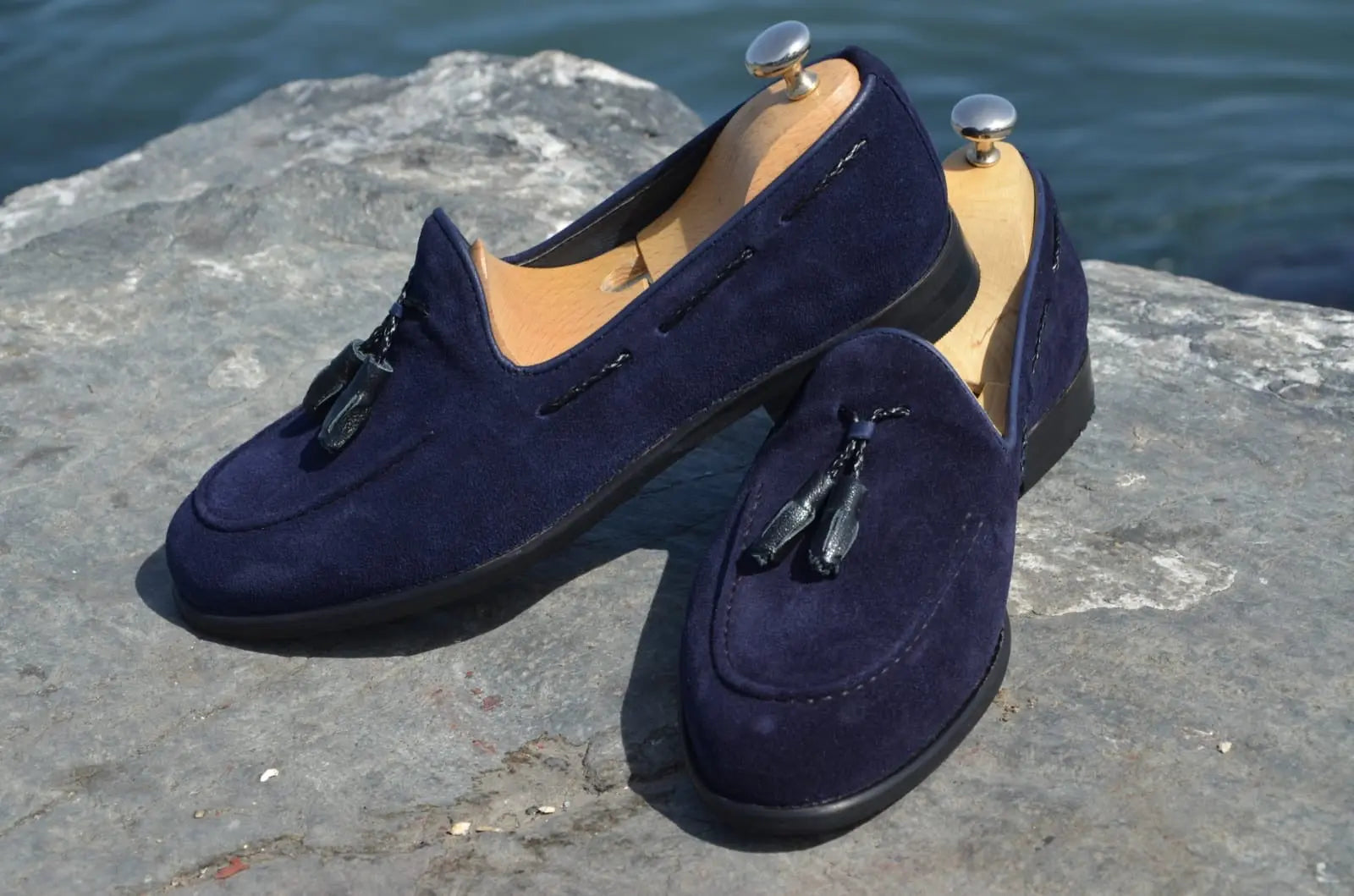 Suade Calf-Leather Loafer Shoes - Navy Blue - BRABION