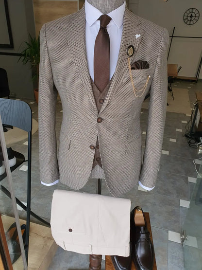 Acacia Beige Slim Fit Notch Lapel Suit - Three-Piece Elegance BOJONI