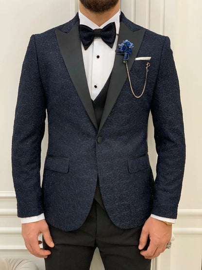 Caesar Navy Blue Slim Fit Peak Lapel Floral Patterned Tuxedo - BRABION