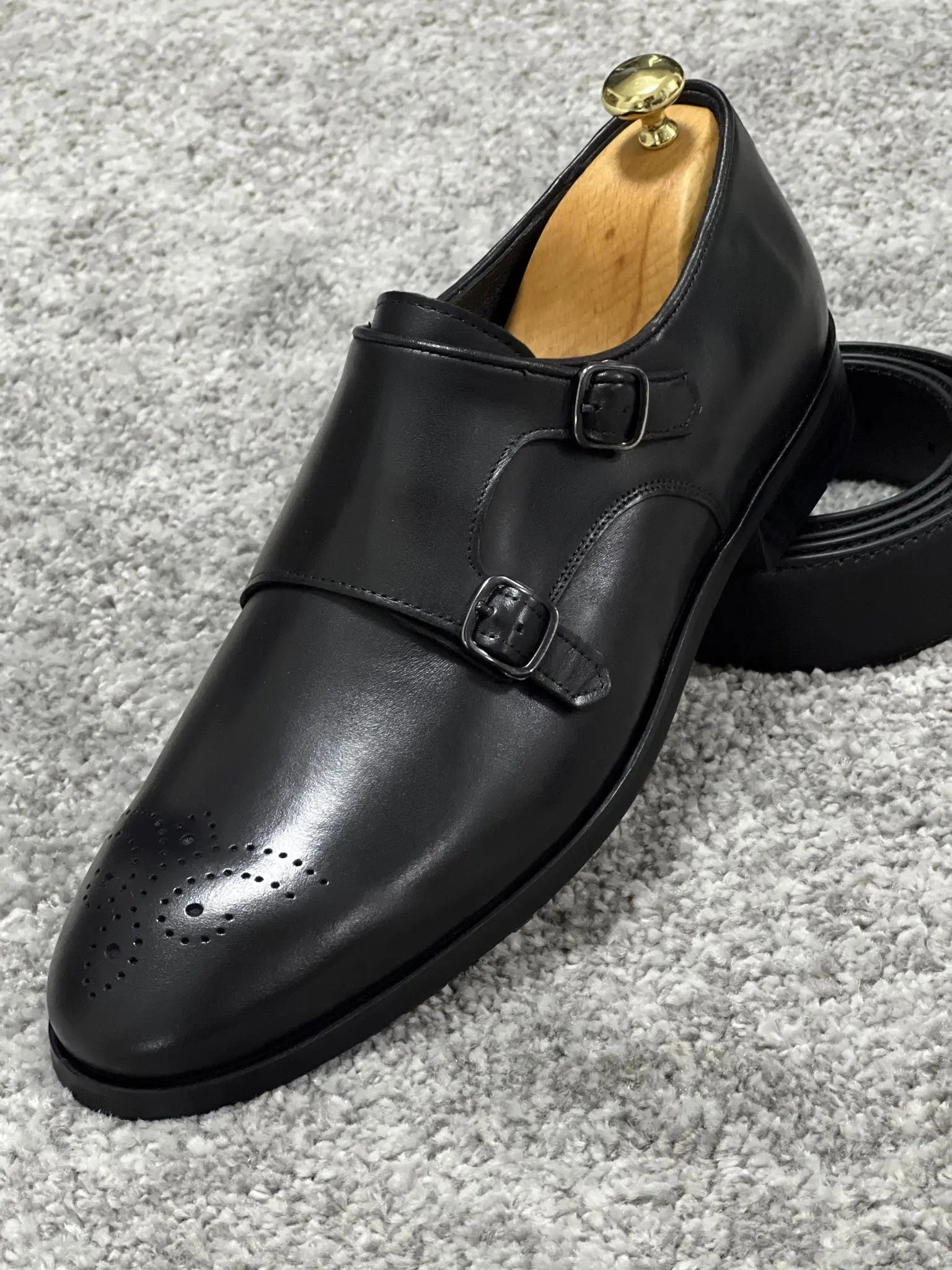 Lenzi Special Edition Neolite Sole Double Monk Stap Black Shoes - BRABION