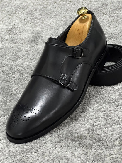 Lenzi Special Edition Neolite Sole Double Monk Stap Black Shoes - BRABION
