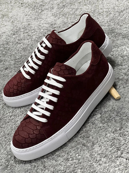 Lenzi Special Edition Suede Print Leather Burgundy Sneakers - BRABION