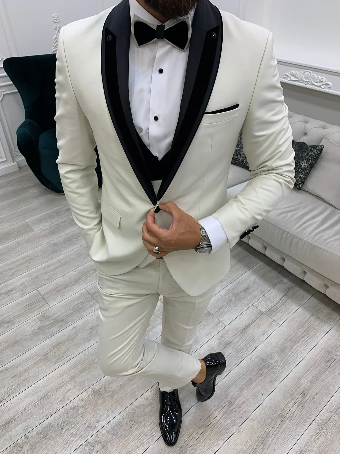 Ventura White Slim Fit Shawl Lapel Tuxedo - BRABION