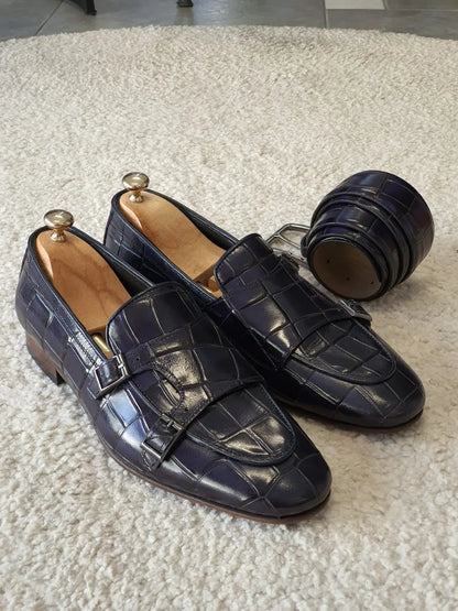 Livorno Navy Blue Double Monk Strap Loafers - BRABION