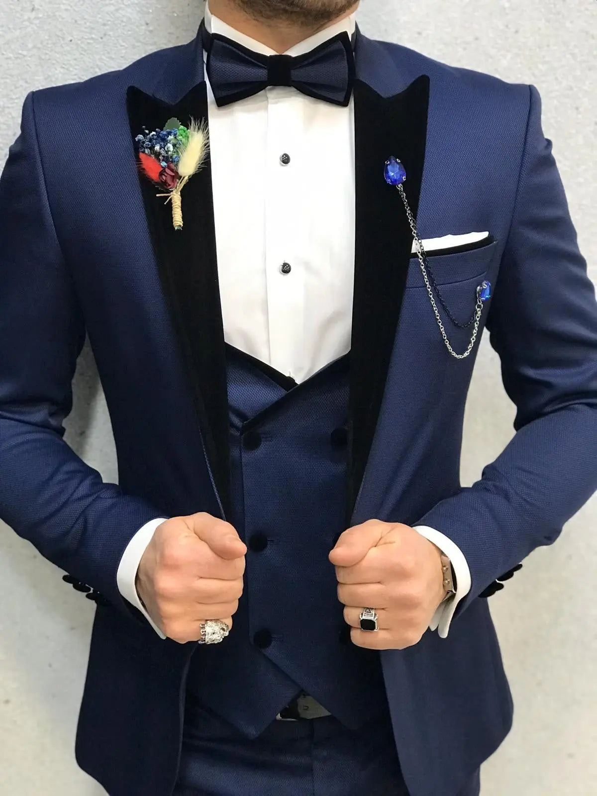Ventura Blue Slim Fit Velvet Peak Lapel Tuxedo - BRABION