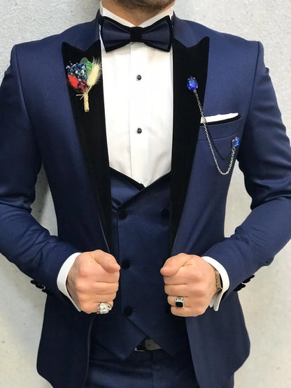 Ventura Blue Slim Fit Velvet Peak Lapel Tuxedo - BRABION
