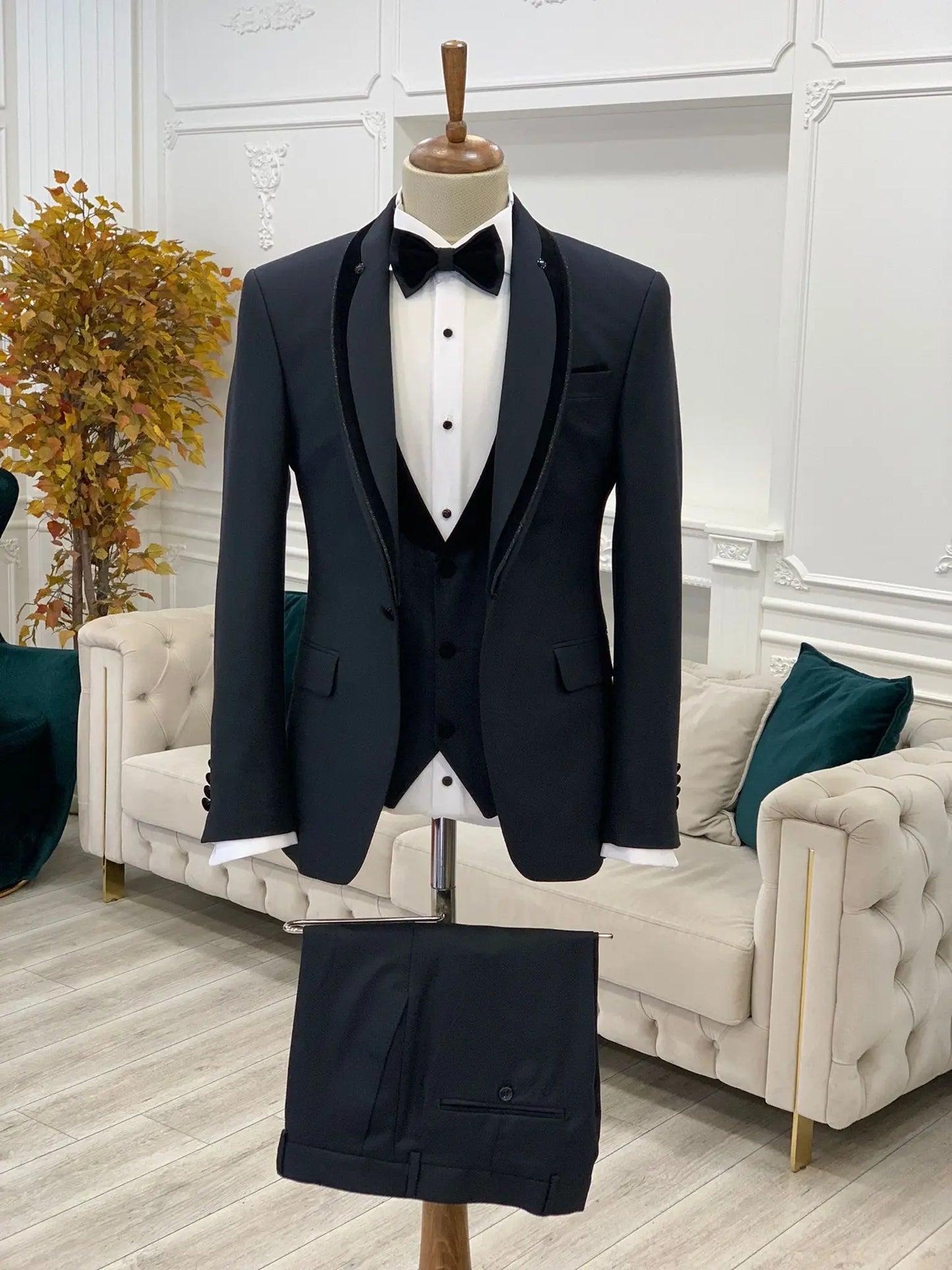 Caesar Navy Blue Slim Fit Velvet Shawl Button Lapel Tuxedo - BRABION