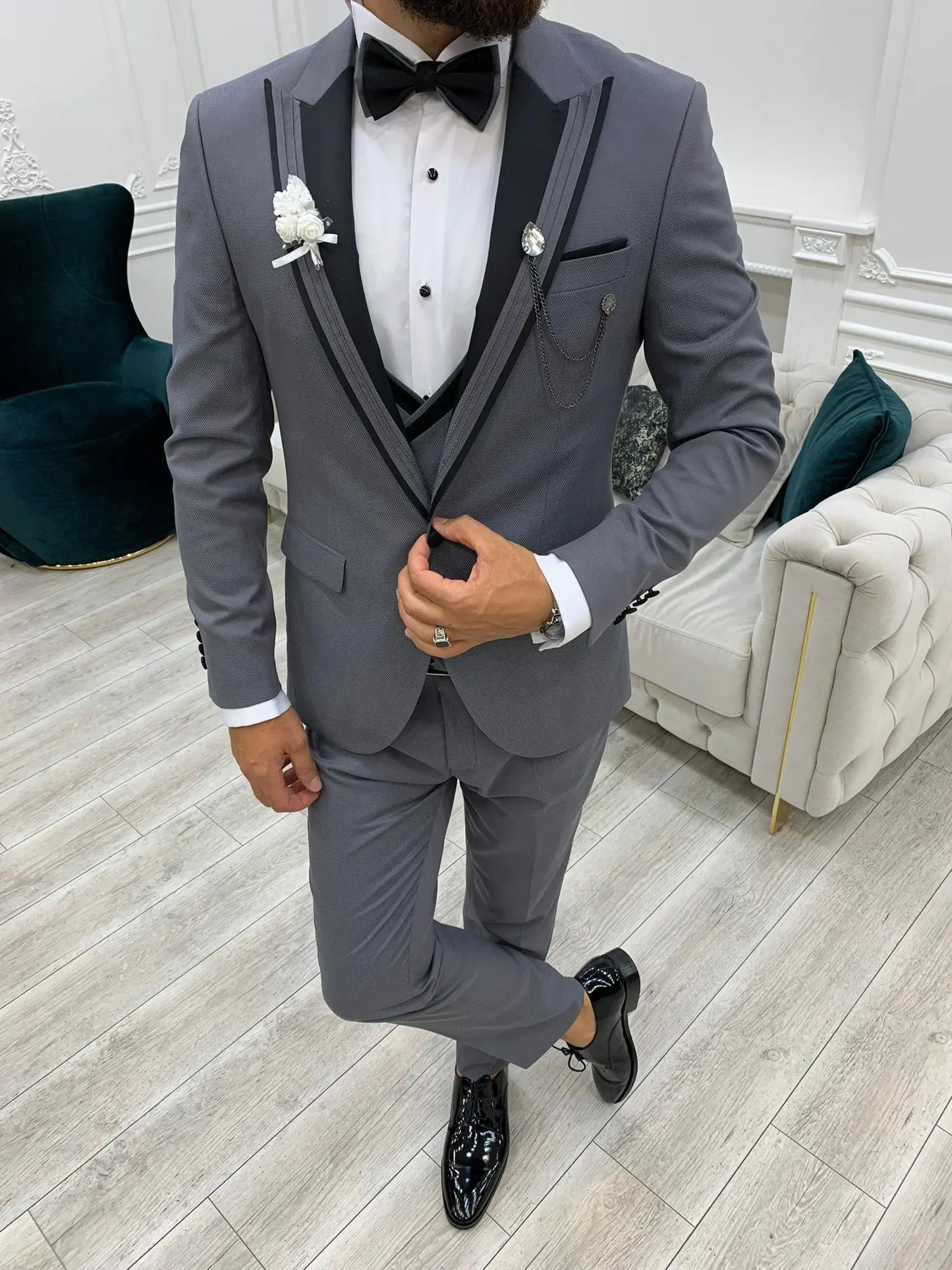 Ventura Gray Slim Fit Peak Lapel Tuxedo – Elevate Your Formal Wardrobe - BRABION