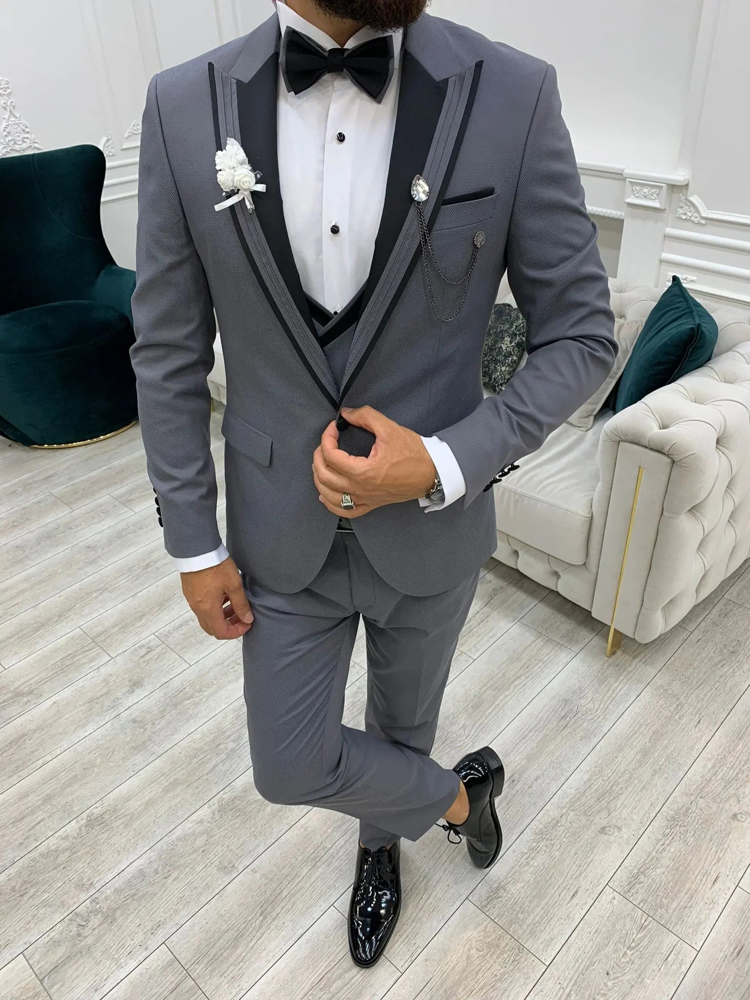 Ventura Gray Slim Fit Peak Lapel Tuxedo – Elevate Your Formal Wardrobe - BRABION