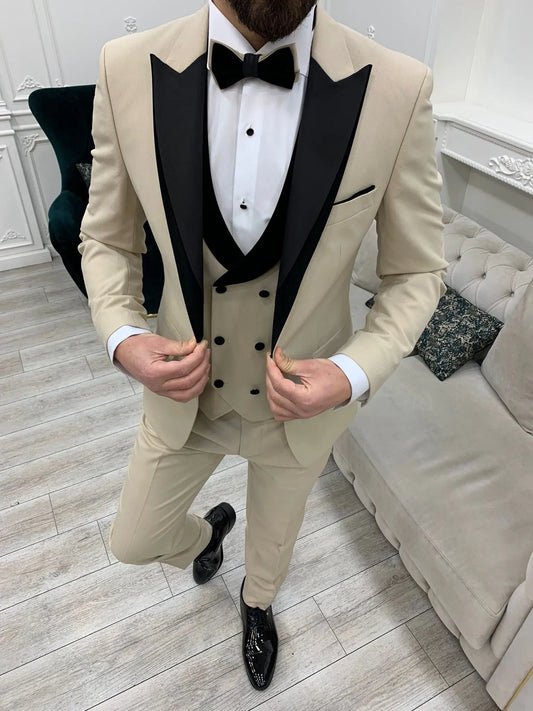 Marbel Beige Slim Fit Velvet Peak Lapel Tuxedo - BRABION
