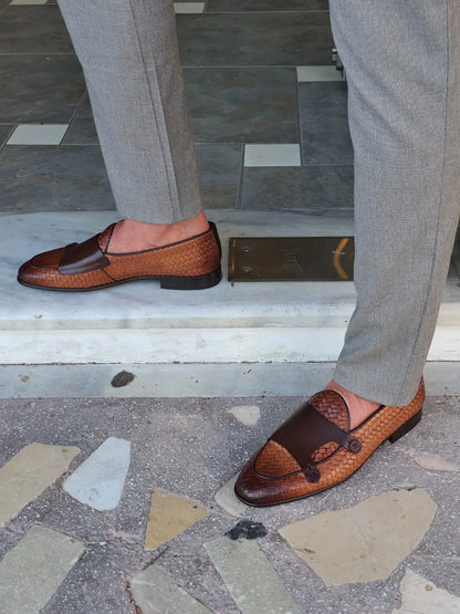 Bristol Tan Woven Leather Double Monk Strap Loafers - BRABION