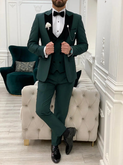 Eden Green Slim Fit Velvet Peak Lapel Tuxedo - BRABION