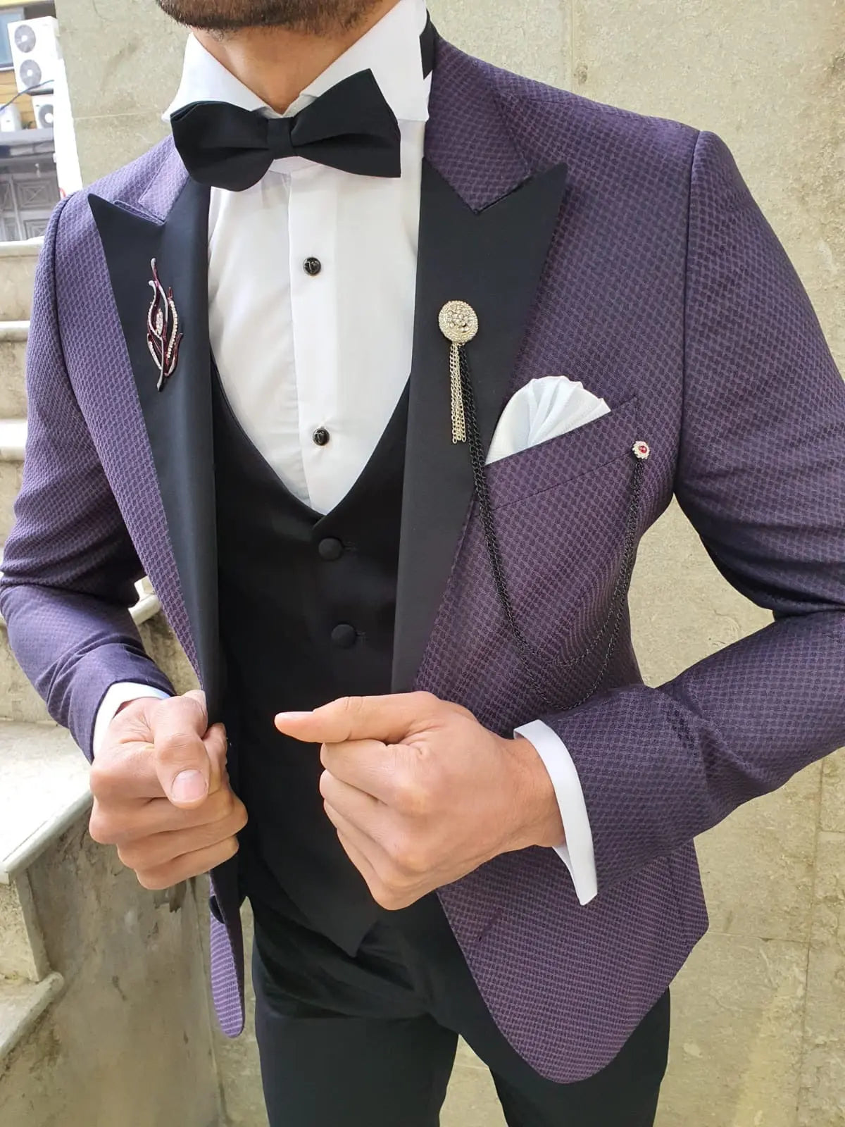 VillaNova Purple Slim Fit Patterned Tuxedo - BRABION