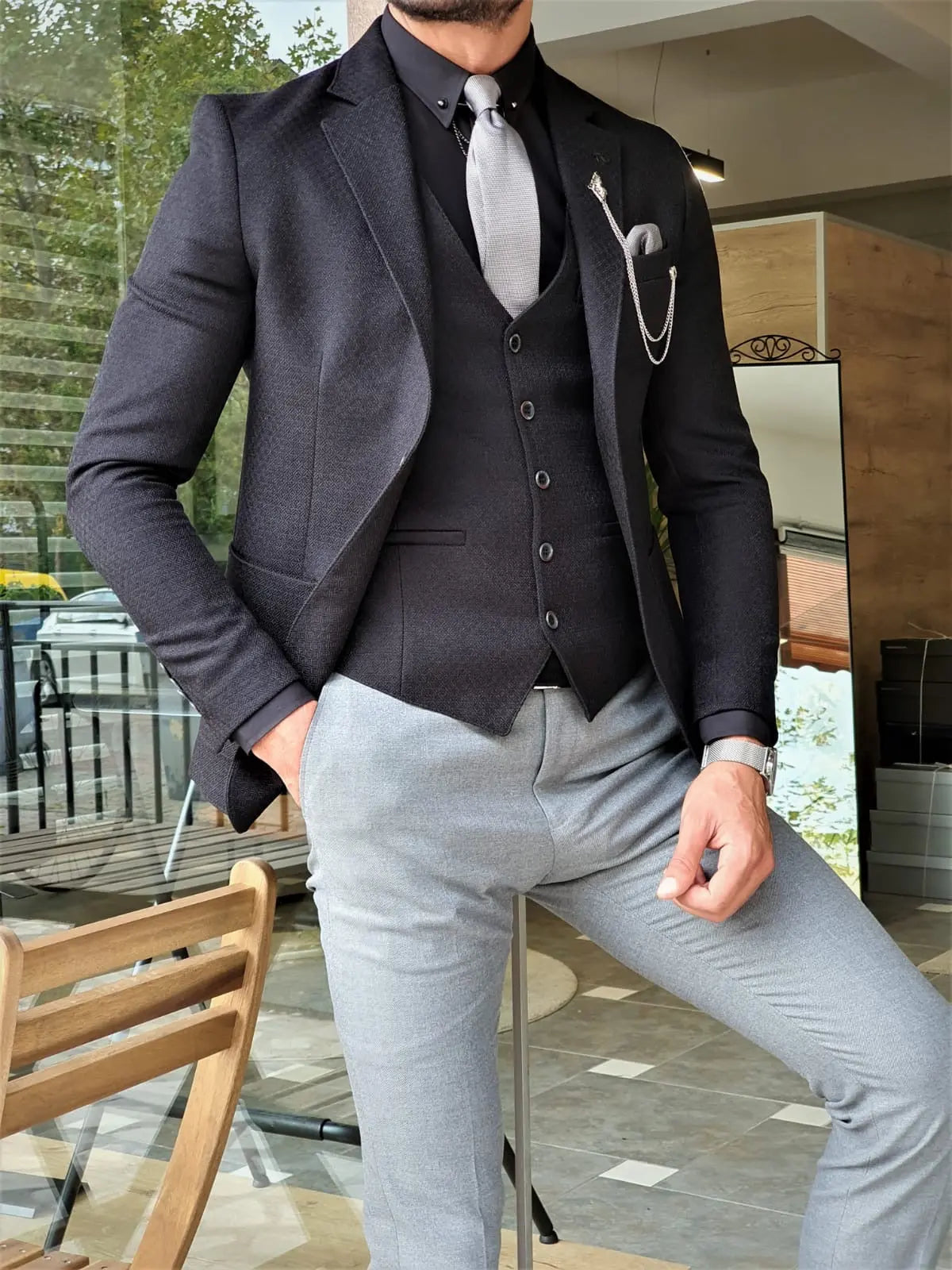 Men's Jet Black Slim Fit Three-Piece Suit BOJONI