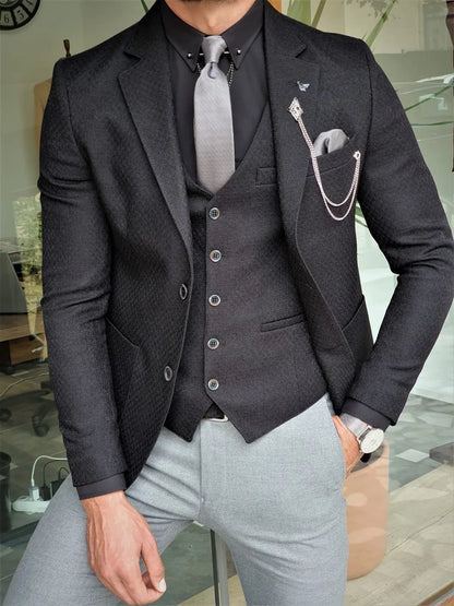 Men's Jet Black Slim Fit Three-Piece Suit BOJONI