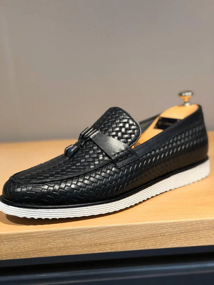 Odessa Black Woven Leather Tassel Loafer - BRABION