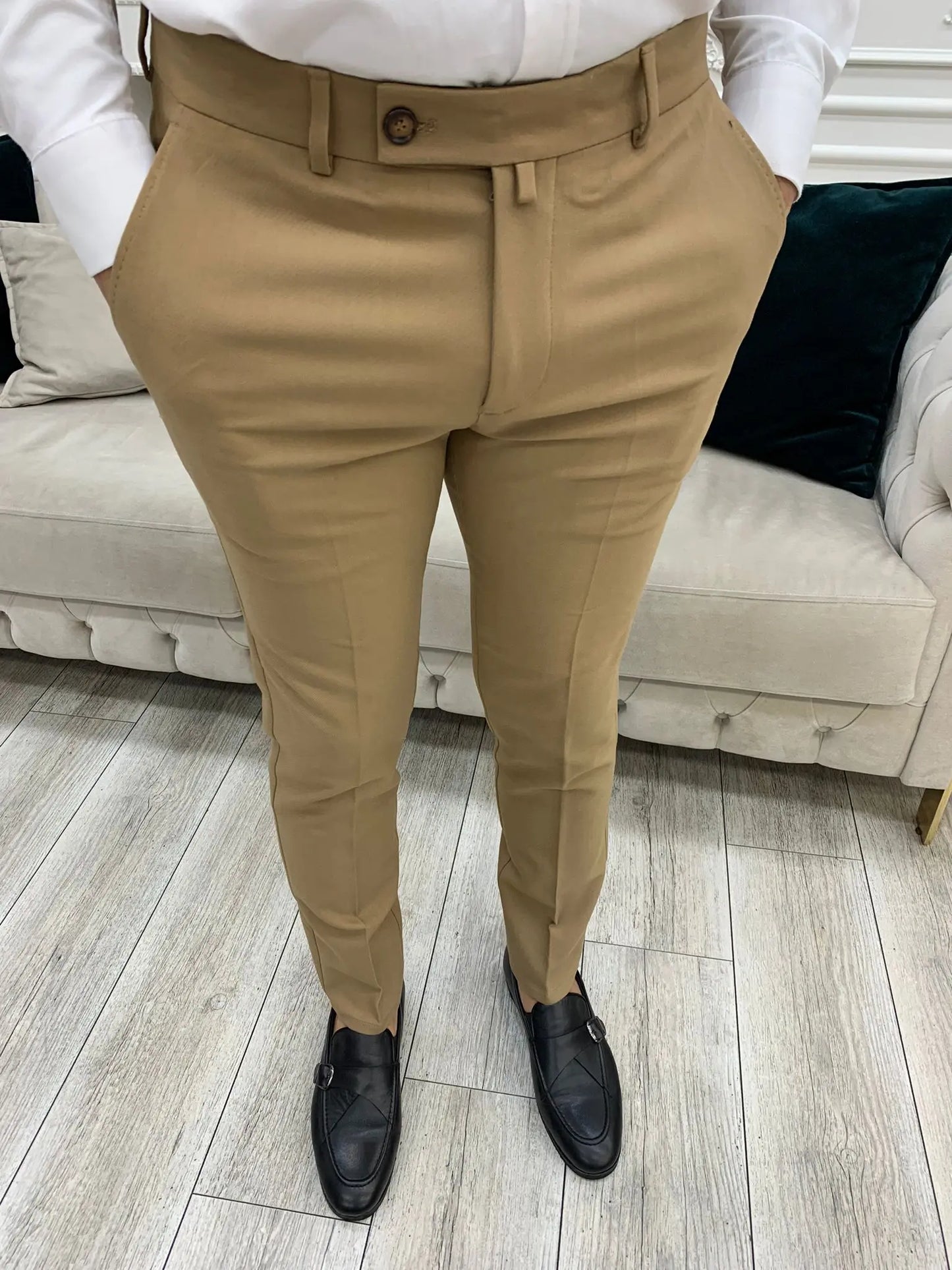 Cream Italian Style Slim Fit Trousers for Men - BRABION
