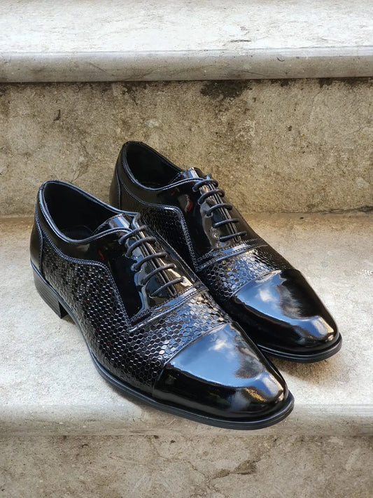 Henderson Black Wholecut Derbies - Navy Blue Patent Leather Elegance - BRABION