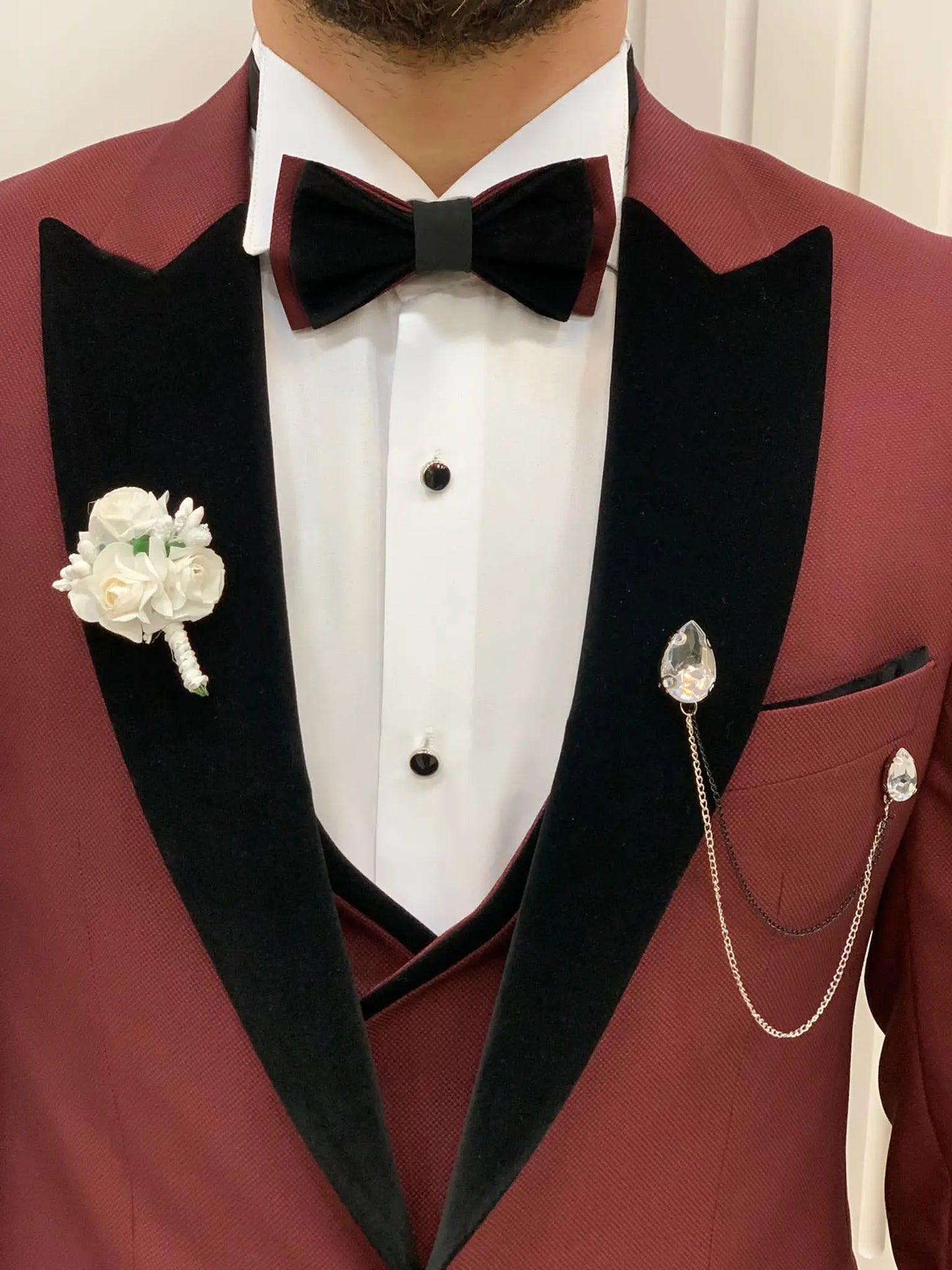 Eden Burgundy Slim Fit Velvet Peak Lapel Tuxedo - BRABION