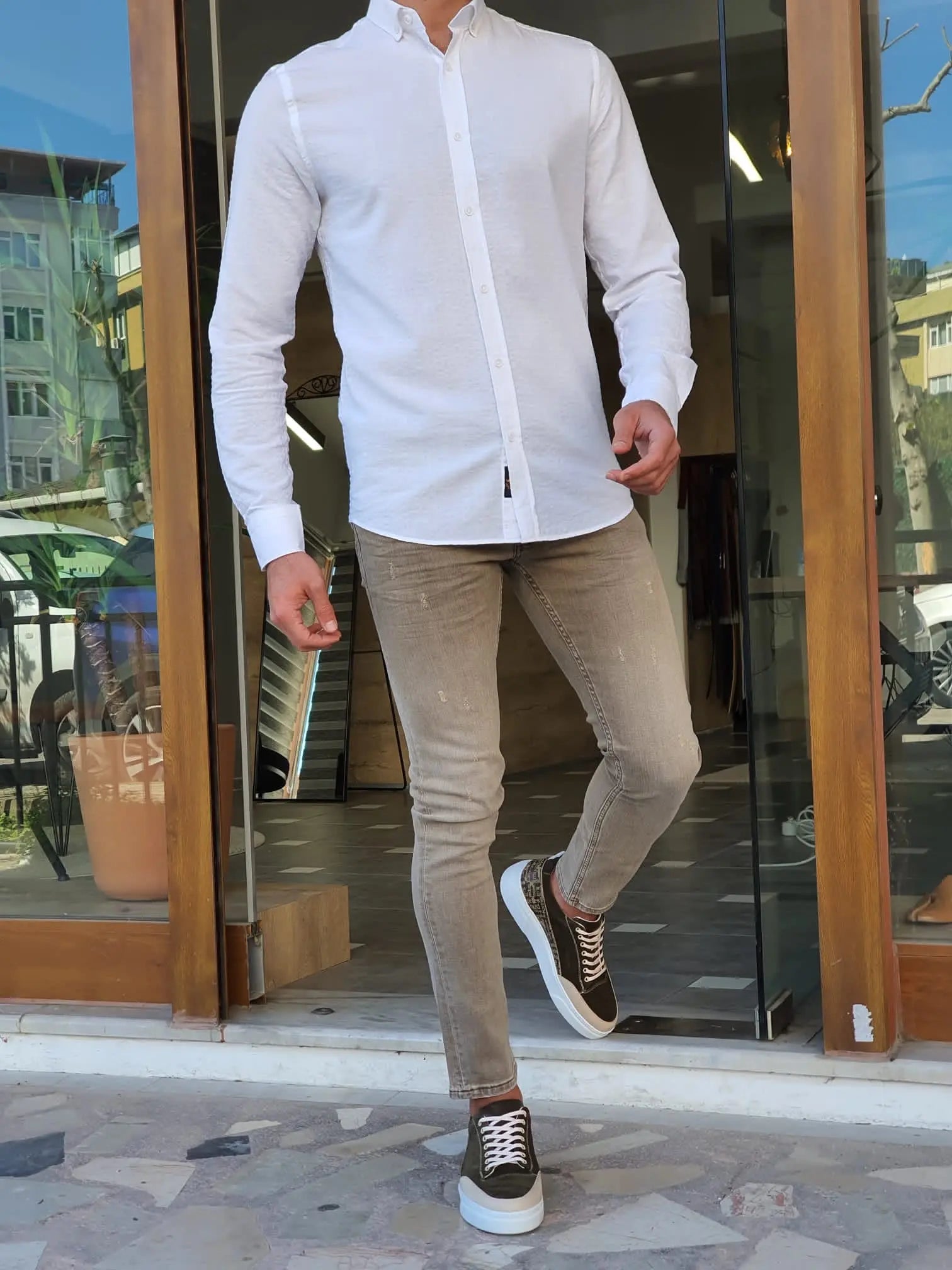 Brabion Aron White Slim Fit Long Sleeve Cotton Shirt - BRABION