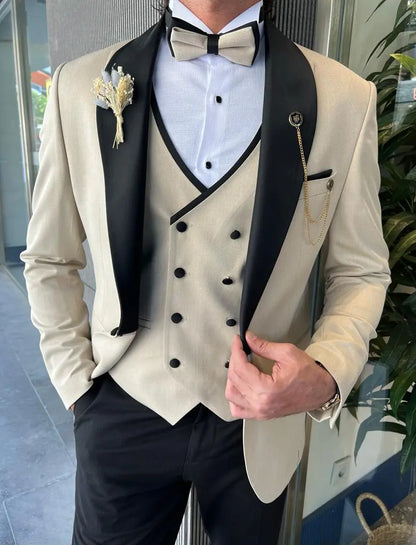 Bensen Slim Fit Mono Collared Beige Groom Suit - BRABION