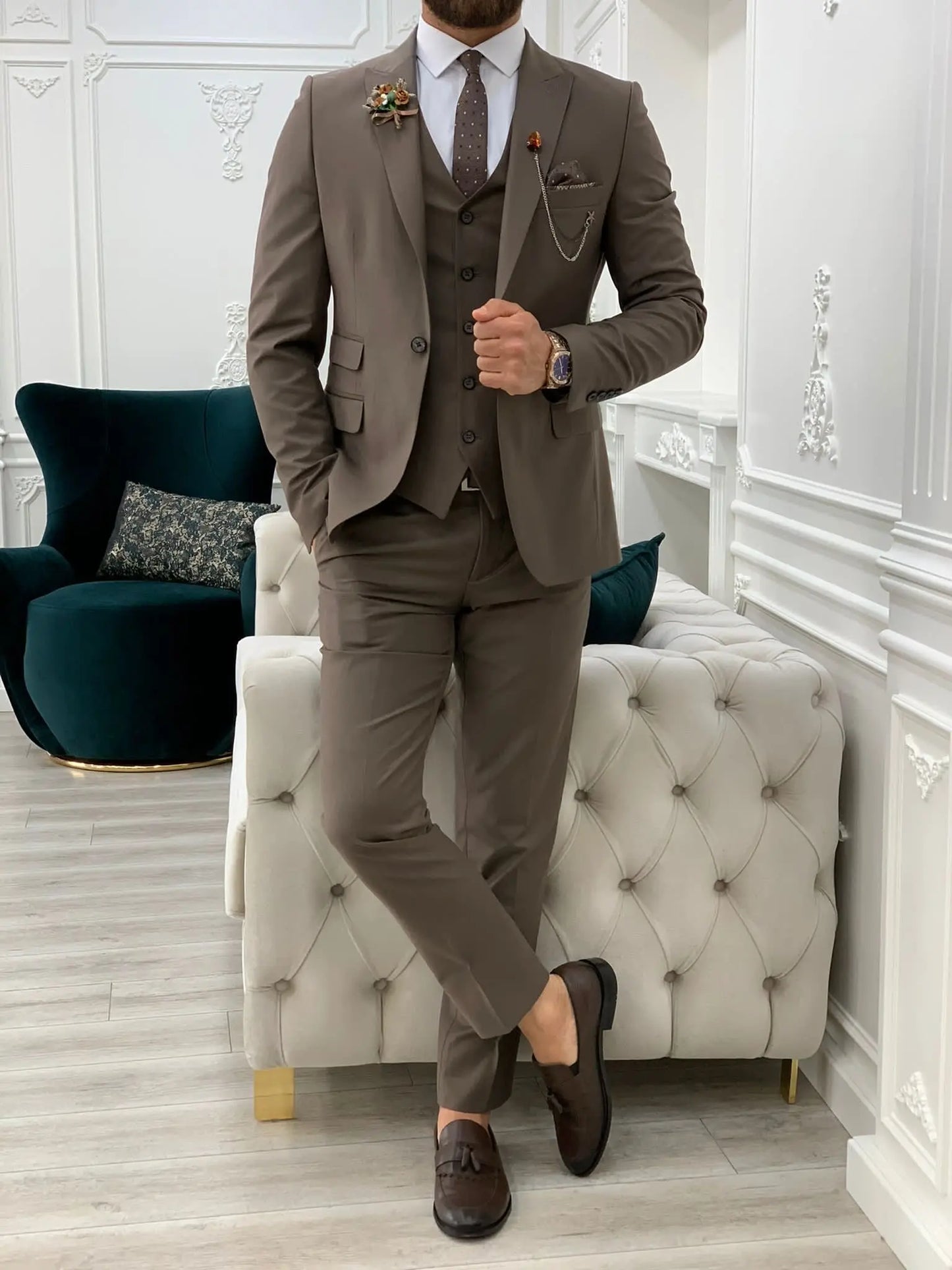 Lance Coffee Slim Fit Three-Piece Suit BOJONI